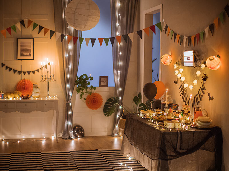 A decorated home ready for a Halloween party